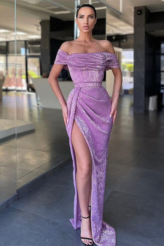 Long Off-The-Shoulder Split Mermaid Prom Dress with Sequins
