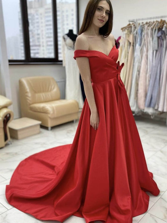 Long A-line Off the Shoulder Satin Graduation Formal Prom Dresses