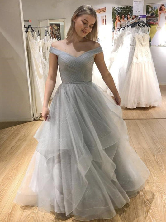 Long A-line Off the Shoulder Tulle Formal Prom Dresses
