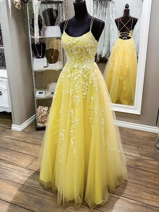 Long A-line Scoop Neck Tulle Backless Formal Prom Dresses