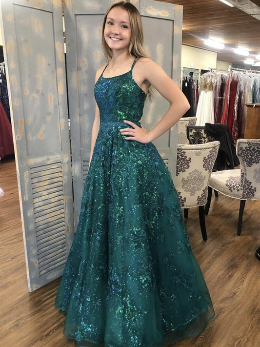 Long A-line Square Neckline Tulle Lace Graduation Evening Prom Dresses