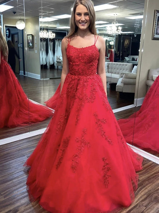 Long A-line Tulle Lace Open Back Formal Graduation Prom Dress