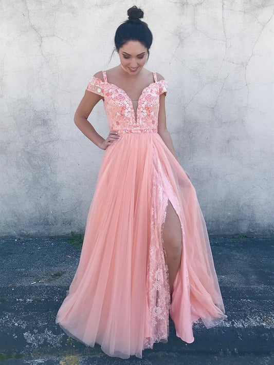 Long A-line V Neck Off Shoulder Tulle Lace Floral Prom Formal Evening Dresses with Slit