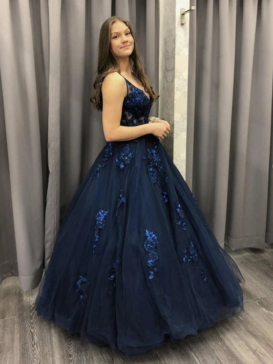 Long A-line V-neck Tulle Lace Formal Evening Dresses Dark Navy Prom Dresses