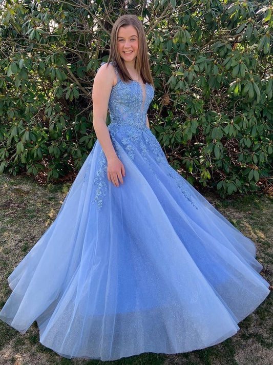 Long A-line V Neck Tulle Lace Prom Formal Graduation Evening Dresses