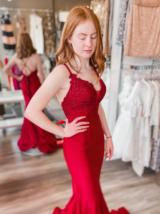 Long Mermaid V Neck Satin Lace Open Back Formal Prom Dresses