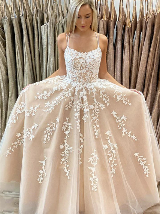 Long Princess A-line Scoop Neck Tulle Lace Backless Formal Prom Dresses