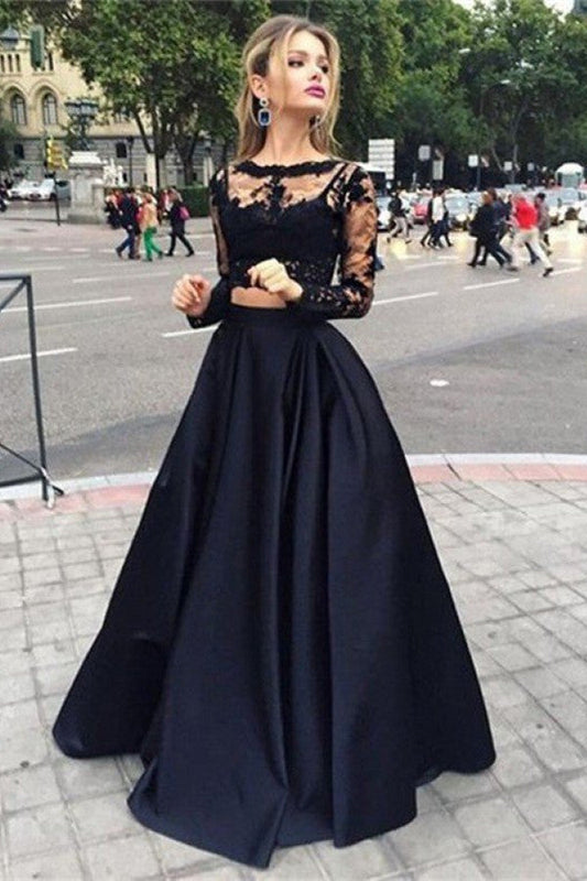 Long Sleeves Black A-line Satin Lace Two Piece Prom Dress