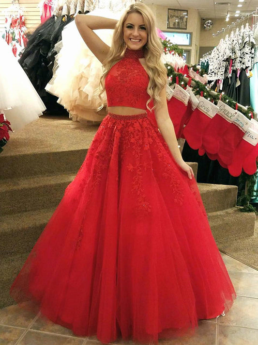 Long Two Pieces A-line High Neck Tulle Lace Formal Prom Dresses