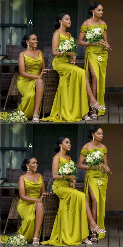 Mismatched Elegant Spaghetti Straps Off Shoulder Side Slit Satin Long Bridesmaid Dresses Online, BG700