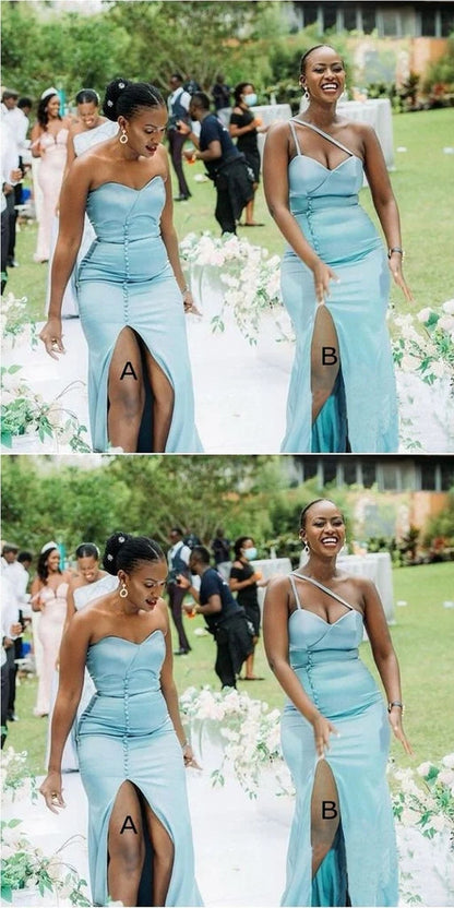 Mismatched Elegant Spaghetti Straps Sweetheart Side Slit Satin Long Bridesmaid Dresses Online, BG701