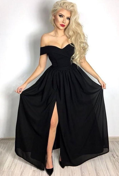 Off the Shoulder Black Long A-line Chiffon Formal Prom Dress with Slit