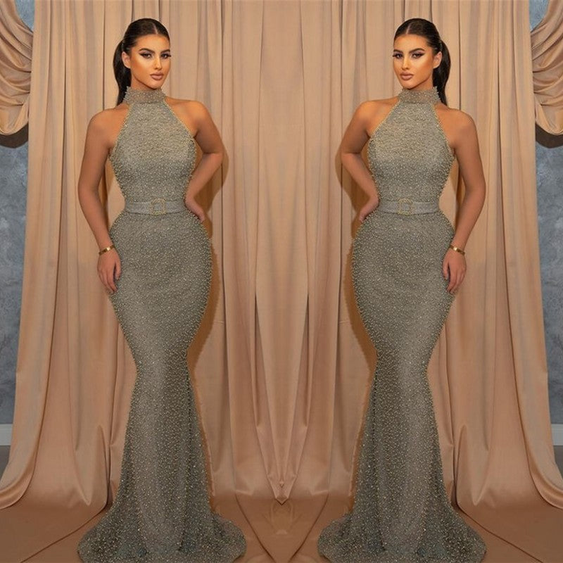 Long High Neck Sequined Sleeveless Mermaid Evening Dress with Belt