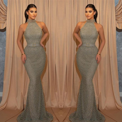 Long High Neck Sequined Sleeveless Mermaid Evening Dress with Belt