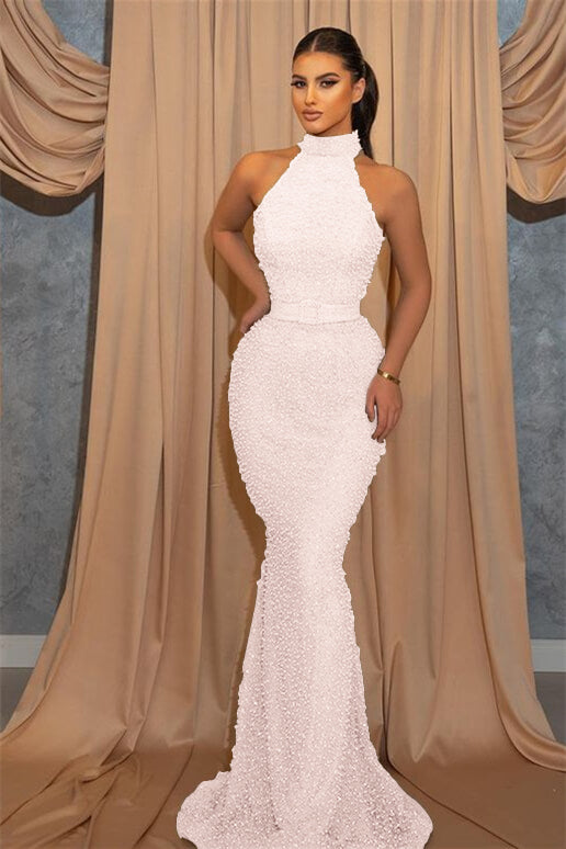 Long High Neck Sequined Sleeveless Mermaid Evening Dress with Belt