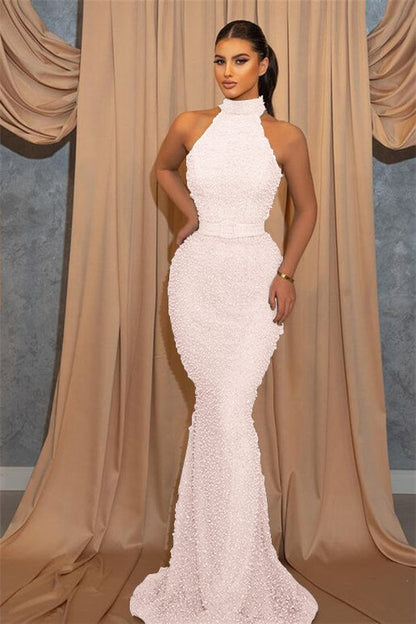 Long High Neck Sequined Sleeveless Mermaid Evening Dress with Belt