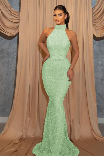 Long High Neck Sequined Sleeveless Mermaid Evening Dress with Belt