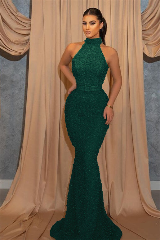 Long High Neck Sequined Sleeveless Mermaid Evening Dress with Belt