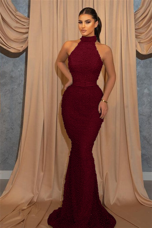 Long High Neck Sequined Sleeveless Mermaid Evening Dress with Belt
