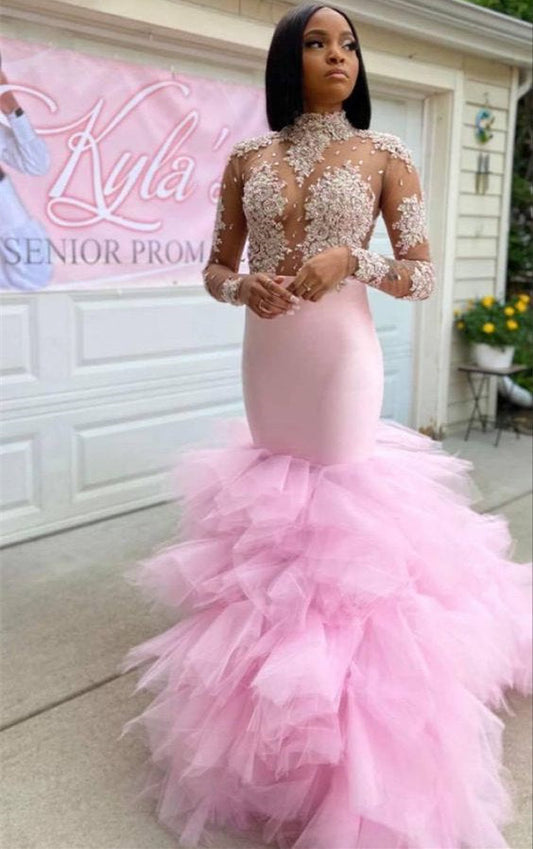 Long High Neck Tulle Mermaid Tulle Prom Dress with Lace Appliques