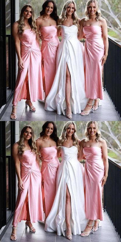 Elegant Spaghetti Straps Side Slit Mermaid Satin Long Bridesmaid Dresses Online, BG743