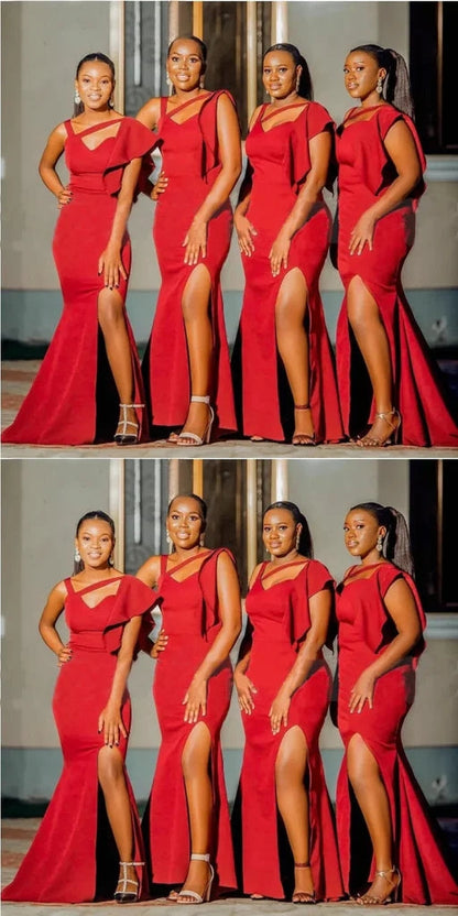 Elegant Asymmetric Mermaid Side Slit Jersey Red Bridesmaid Dresses Online, BG748