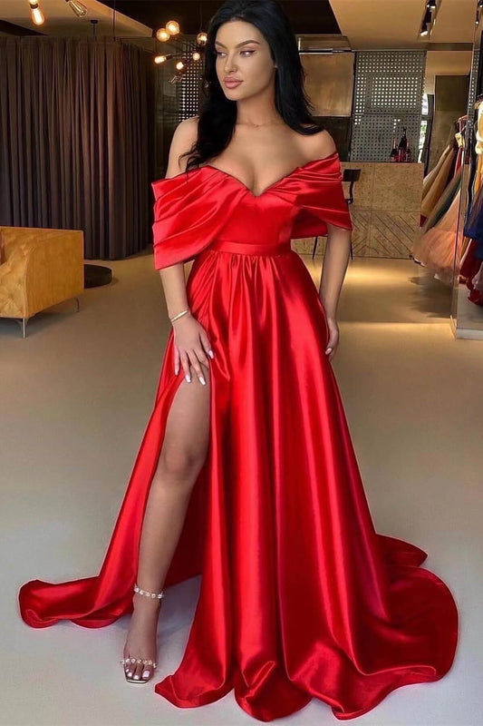 Red Long Off The Shoulder A-Line Satin Formal Prom Dress with Split