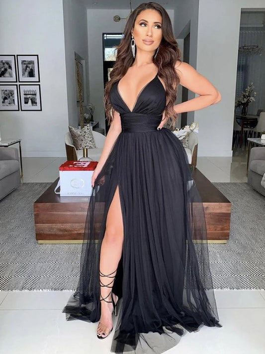 Sexy Black Long A-line V Neck Tulle Formal Prom Dresses with Slit