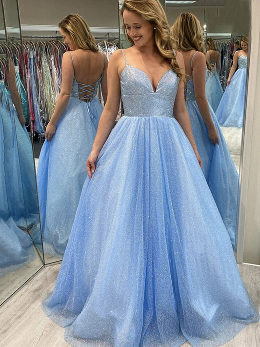 Shiny Long A-line Sweetheart Tulle Backless Formal Graduation Prom Dresses
