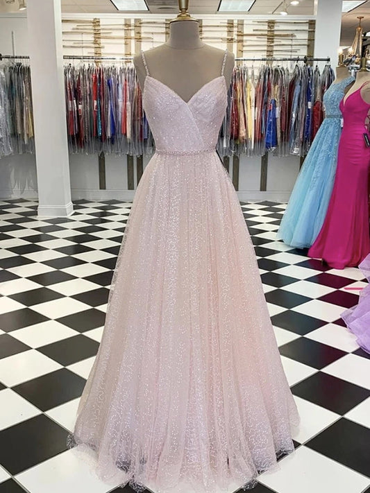 Shiny Long A-line V-neck Sequined Formal Graduation Evening Prom Dresses
