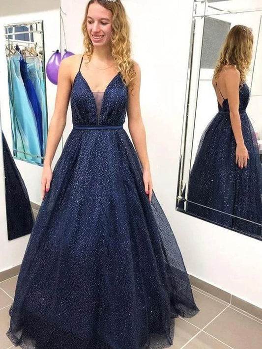 Shiny Long A-line V-neck Tulle Open Back Sparkly Graduation Prom Dresses