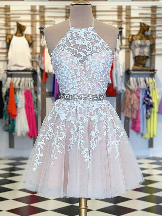Short A-line Halter Lace Tulle Backless Homecoming Prom Dresses