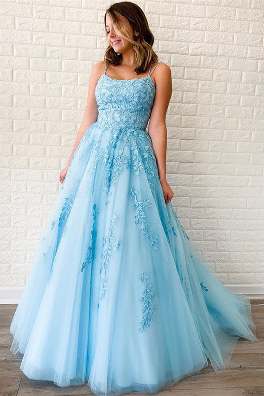 Sky Blue Long A-line Strapless Spaghetti Straps Appliqued Open Back Evening Dress