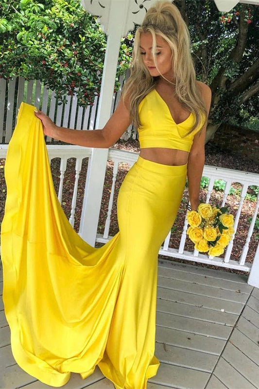 Two Piece Yellow Long Sweetheart Satin Mermaid Formal Prom Dress