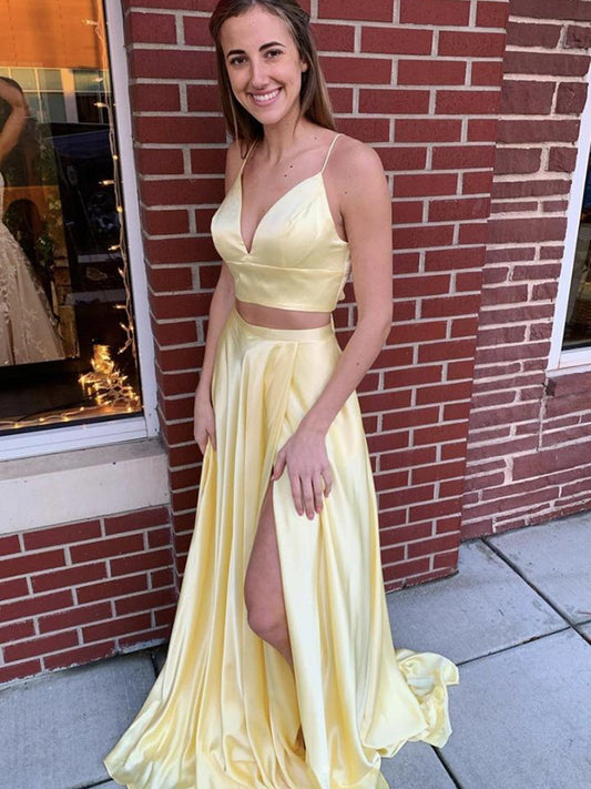 Two Pieces Long A-line V-neck Satin Formal Graduation Evening Prom Dresses with Slit