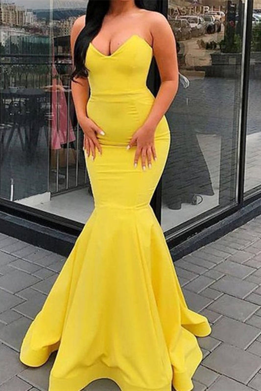 Yellow Long Satin Sweetheart Mermaid Evening Dress